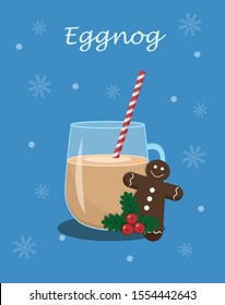 Drink eggnog in a glass with a striped straw, Holly's Christmas berry and gingerbread man on a blue background with snowflakes. Stock vector graphics.