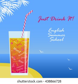 Drink With English Words On The Sea Background. Cocktail With English Language Information. Easy Learning Concept. Summer Or Vacancy Learning Without Intensions. Course Announcement Background. 
