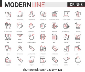 Drink flat thin red black line icons vector illustration set, outline drinking liquid and beverage website symbols collection of coffee or tea cup and equipment, alcohol cocktails, cafe or bar menu