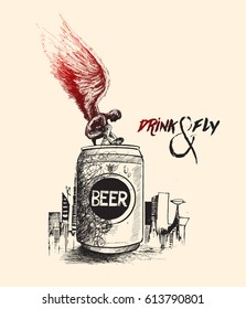 Drink and fly - Angel open a beer can  with urban city background, Hand Drawn Vector Background.
