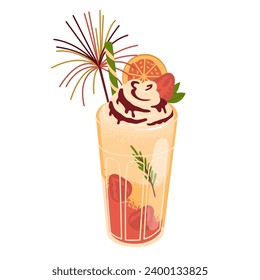 Drink with foam in a glass decorated with orange and strawberries. A hot sweet treat for a New Year's party. Menu for the Christmas table. Vector illustration isolated on white background.