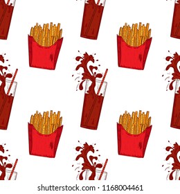 Drink, food. Cola, French fries. Sketch. Wallpaper, texture, seamless. Color illustration on white background.