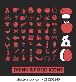 drink, food, fruit, vegetables isolated icons, signs, symbols, illustrations, silhouettes, vectors set