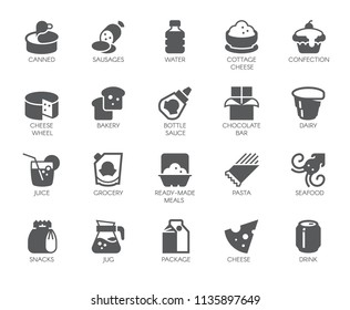 Drink and food glyph icons. 20 black flat labels isolated. Dairy, sweets, seafood and other meal logos. Culinary and gastronomy concept. Vector button for grocery stores and other design needs