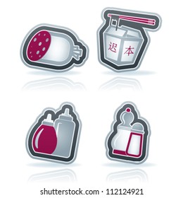 Drink & food icons set, from left to right, top to bottom:   Sausage, Chinese food, Ketchup & mustard, Salt cellar & paper cellar.