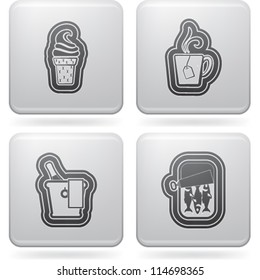 Drink & food icons set, from left to right, top to bottom:  Ice cream, Cup of tea, Champagne, Canned fish.