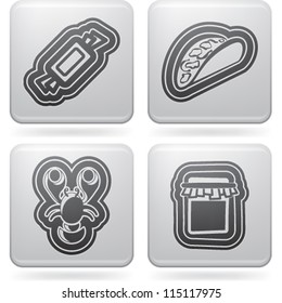 Drink & food icons set, from left to right, top to bottom:   Candy (sweet), Kebab, Lobster, Jar of jam.