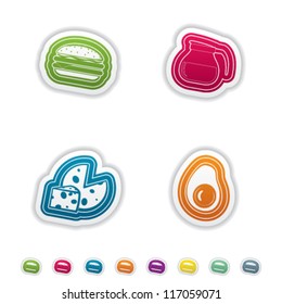 Drink & food icons set, from left to right, top to bottom:   Cheeseburger (hamburger), Coffee pot, Cheese, Fried chicken Egg (Sunny side up).
