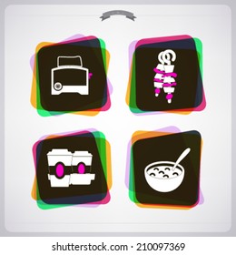 Drink & food icons set, from left to right, top to bottom - Bread slice in a toaster, Shaslik (skewered meat), Coffee cup, Cornflakes with milk.