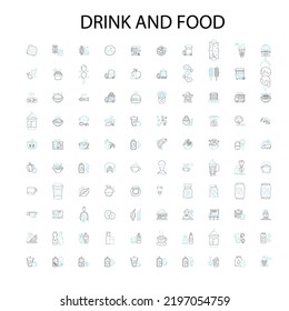 drink and food icons, signs, outline symbols, concept linear illustration line collection