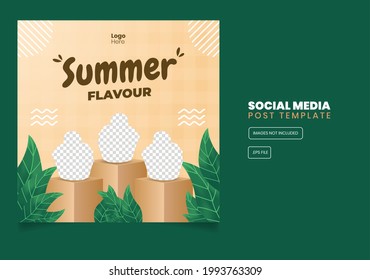 Drink and Food Social Media Post Template Design with leaves. Social media banner for summer. Ice cream and drink social media template.