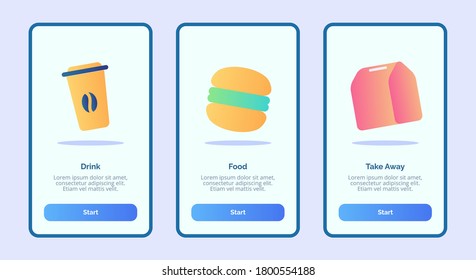 Drink Food Take away for mobile apps template banner page UI with three variations modern flat color style