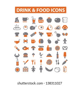 drink & food, vegetables, fruits, bakery, restaurant, cafe store isolated icons, signs set, vector