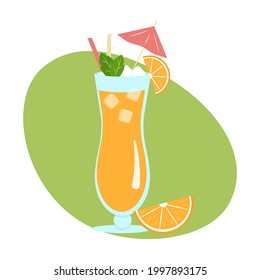 Drink fruit juice in flat design style. Cocktail with orange and mint leaves. Vector illustration