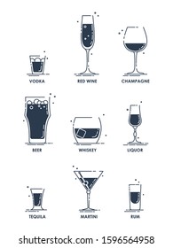 Drink Glass. Alcohol Concept. Beverage Icon Set. Line Design. Vodka, Wine, Champagne, Whiskey, Liquor, Beer, Tequila, Rum, Martini. Cartoon Illustration Isolated On White Background In Flat Style.