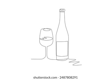 Drink glass and drink bottle. Food and drink concept one-line drawing