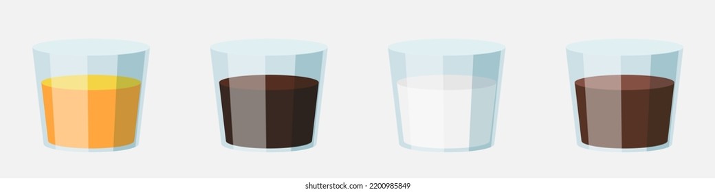 Drink In A Glass. Cold Coffee, Tea, Orange Juice And Milk. Vector Clipart Isolated On White Background.