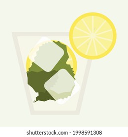 drink a glass of cold mojito with ice cubes, mint leaves, lemon, lime