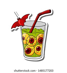 drink in a glass with  eyeballs and bat for Halloween party. Isolated objects of colorful treats on a white background. Vector illustration Cartoon style. Pattern for icon, sticker, poster, postcard
