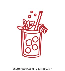 Drink in glass goblet with straw, mint leaves, ice, lemon peel serpentine decoration. Summer refreshing citrus cocktail. beverage. Hand drawn clipart. Decorative element for holiday invitation, menu