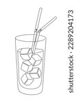 Drink Glass with ice cubes. Cocktail with straw line art style icon. Continuous line drawing vector illustration.