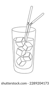 Drink Glass with ice cubes. Cocktail with straw line art style icon. Continuous line drawing vector illustration.