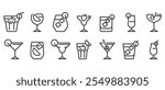 Drink glass icons of various shapes and uses. Classic alcoholic cocktail and cocktail glass thin line icon set. Vector illustration. Collection of symbols in transparent background. Editable stroke.