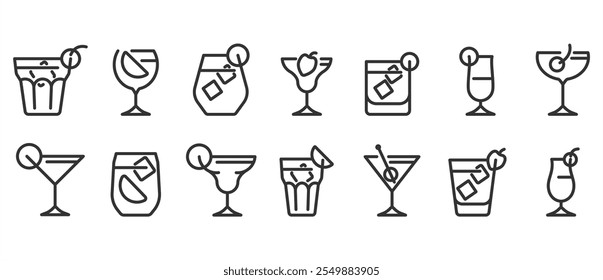 Drink glass icons of various shapes and uses. Classic alcoholic cocktail and cocktail glass thin line icon set. Vector illustration. Collection of symbols in transparent background. Editable stroke.