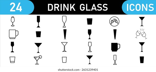 Drink glass icons of various shapes and uses. Collection of different drinks glasses vector. Glasses vector icon. Set of different shape and size drinks glasses. Drinks Icon Set.