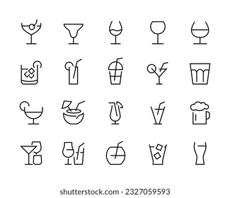 Drink Glass line icons set Cocktail, Rock, Martini, Champaign alcohol Champagne, Whiskey, Shots line icons set, editable stroke isolated on white, vector outline illustration, symbol logo design style