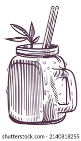 Drink in glass mason jar. Healthy refreshment engraving