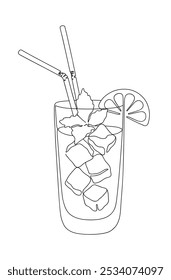 Drink Glass with slice of lime and ice cubes. Lemonade cocktail with mint and straws line art style icon. Continuous line drawing vector illustration.