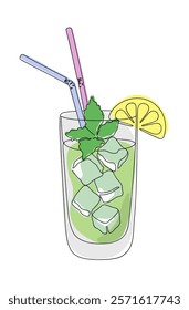 Drink Glass with slice of lime and ice cubes. Lemonade cocktail with mint and straws line art style icon. Continuous line drawing color vector illustration.