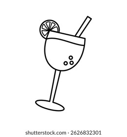 A drink in a glass with a straw and a lemon slice, symbolizing a refreshing drink at a party. Line Art Style Icon Illustration