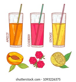 Drink. A glass with a straw. Raspberry, peach, lemonade. Set. Sketch