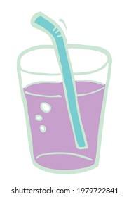 Drink in a glass with a straw, vector illustration, color picture ond white background, hands drawing