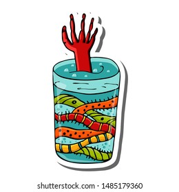 drink in a glass with  worms for Halloween party. Isolated objects of colorful treats on a white background. Vector illustration Cartoon style. Pattern for icon, sticker, poster, postcard
