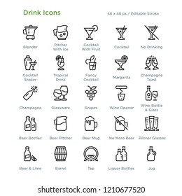 Drink Glasses Glassware Barware Icons - Outline styled icons, designed to 48 x 48 pixel grid. Editable stroke.