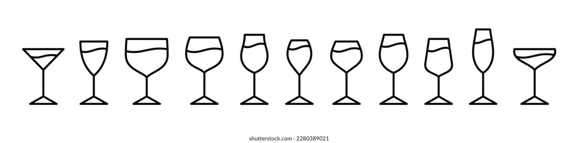 Drink glasses icons vector set. Alcohol glass types with editable stroke. Alcoholic cocktail glass icon sign and symbol in line style. Liquor, beverages, bar, beer, cocktails. Vector illustration