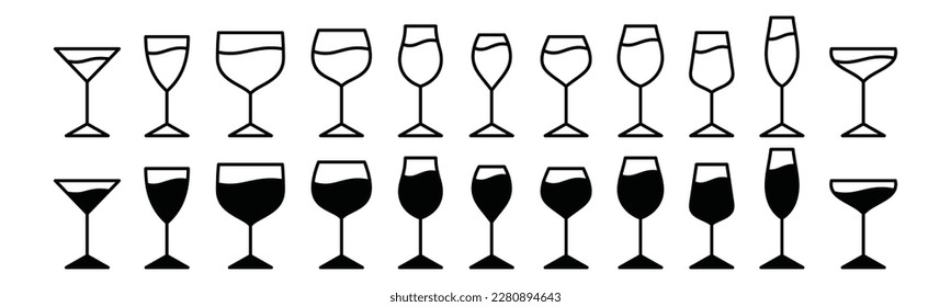 Drink glasses icons vector set. Alcohol glass types with editable stroke. Alcoholic cocktail glass icon sign and symbol in line and flat style. Liquor, beverages, bar, beer. Vector illustration