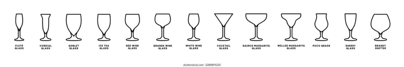 Drink glasses icons vector set. Alcohol glass types with editable stroke. Alcoholic cocktail glass icon sign and symbol in line style. Liquor, beverages, bar, beer, cocktails. Vector illustration