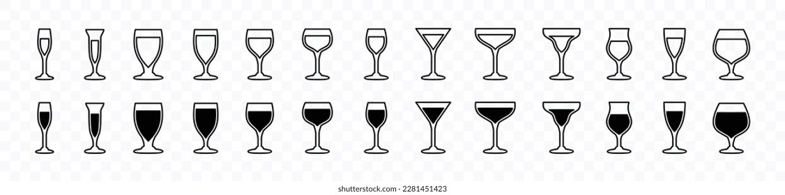 Drink glasses icons vector set. Alcohol glass types with editable stroke. Alcoholic cocktail glass icon sign and symbol in line and flat style. Liquor, beverages, bar, beer. Vector illustration