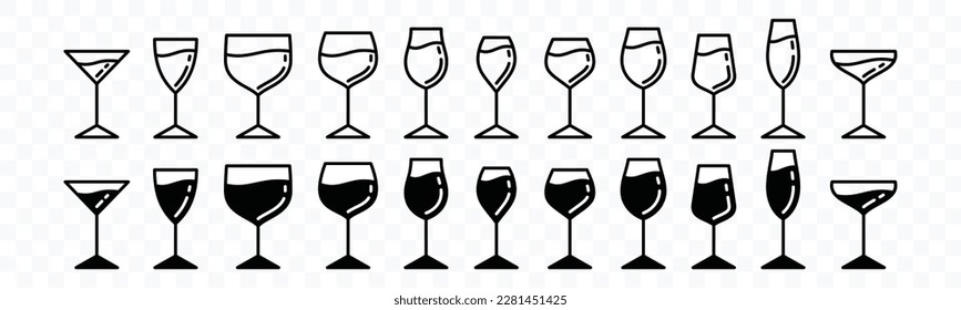 Drink glasses icons vector set. Alcohol glass types with editable stroke. Alcoholic cocktail glass icon sign and symbol in line and flat style. Liquor, beverages, bar, beer. Vector illustration