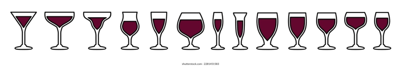 Drink glasses icons vector set. Alcohol glass types with editable stroke. Alcoholic cocktail glass icon sign and symbol in line and flat style. Liquor, beverages, bar, beer. Vector illustration