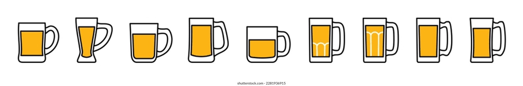 Drink glasses icons vector set. Alcohol glass types with editable stroke. Alcoholic beer glass icon sign and symbol in line style.  Cocktail, liquor, beverages, bar, cocktails. Vector illustration