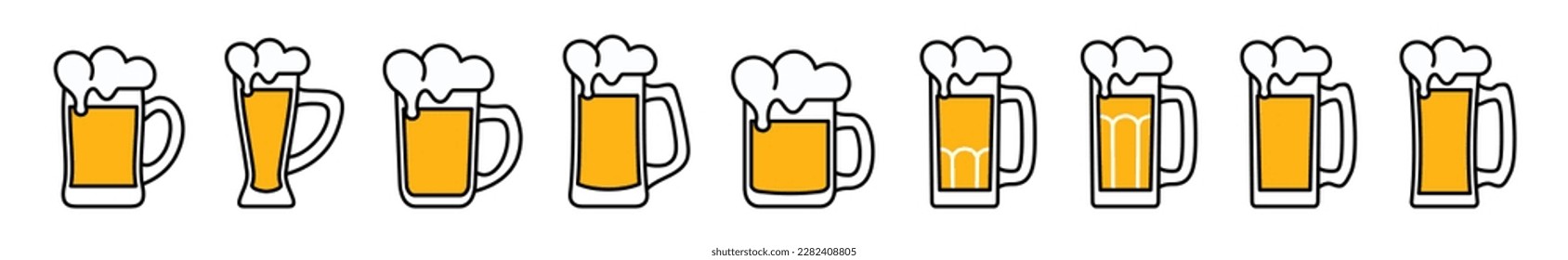 Drink glasses icons vector set. Beer glass types with editable stroke. Alcoholic Beer glass icon sign and symbol in color style.  Liquor, beverages, bar, cocktail, cocktails. Vector illustration