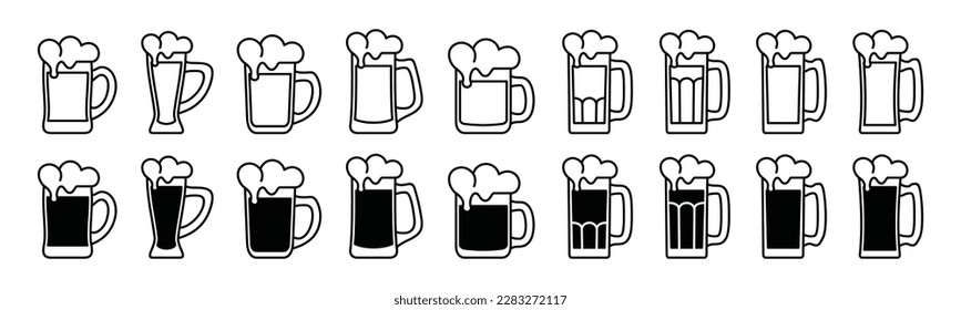Drink glasses icons vector set. Beer glass types with editable stroke. Alcoholic Beer glass icon sign and symbol in line style.  Liquor, beverages, bar, cocktail, cocktails. Vector illustration