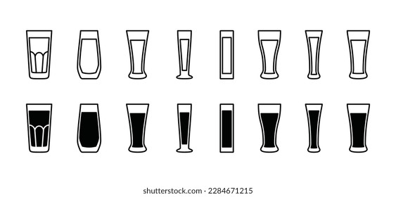 Juego de vectores de iconos de gafas de bebida. Icono de línea y de vidrio de agua plana. signo y símbolo de vaso largo. Ilustración vectorial del símbolo de bebida