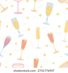 Drink glasses pattern. Hand drawn champagne seamless wrapping