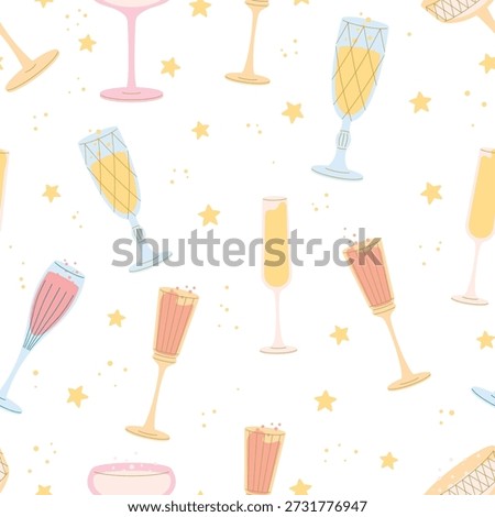 Drink glasses pattern. Hand drawn champagne seamless wrapping